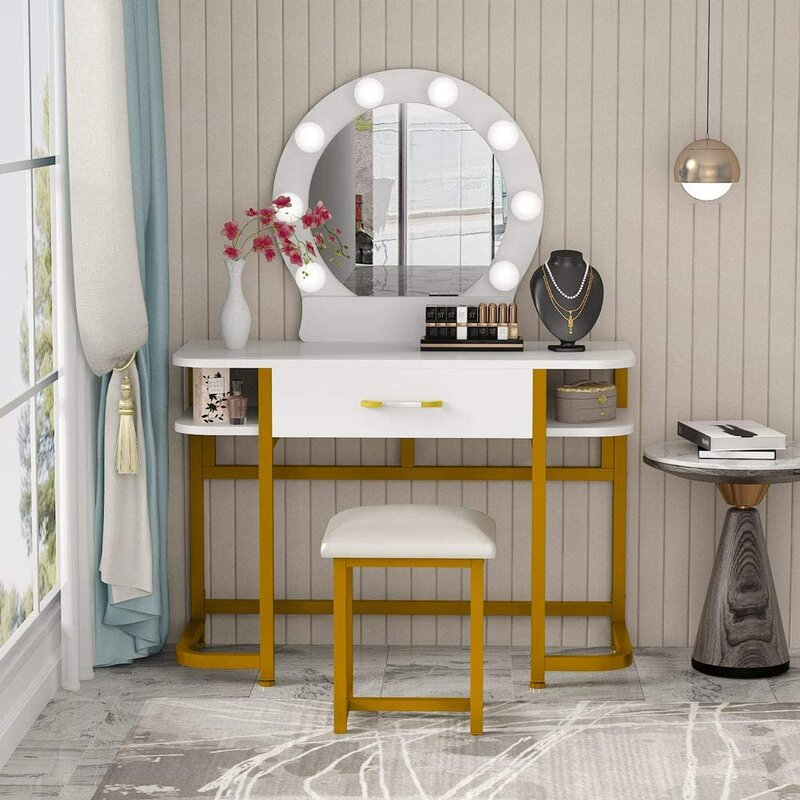 Mercer41 Strawn Lighted Vanity Set with Stool and Mirror